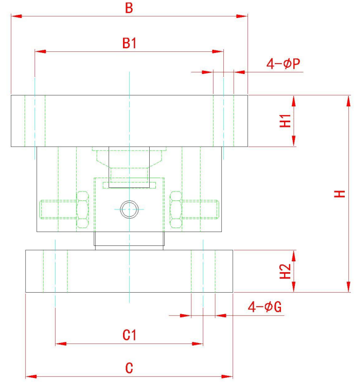 HY-CW-M 规格图：外形尺寸标注图（端视），以标号 B、B1、4-ΦP、H、H1、H2、4-ΦG、C、C1 标注各部位