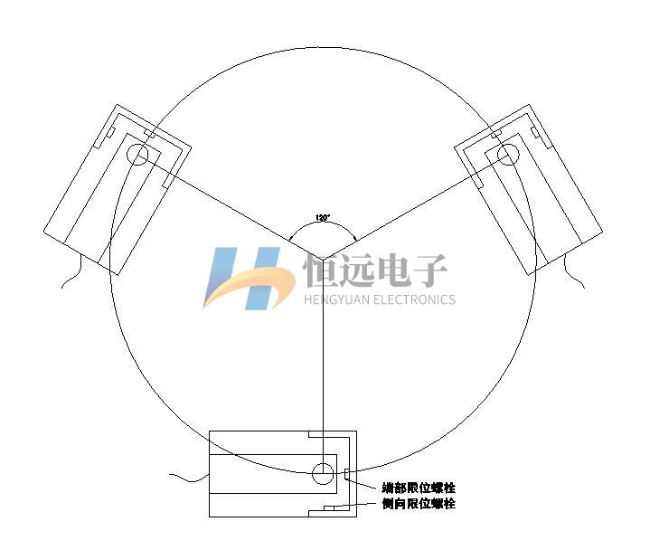 HY-CWC 规格图：三点 120 度布置图，标注端部限位螺栓与侧向限位螺栓的位置，图面带浅色图形水印